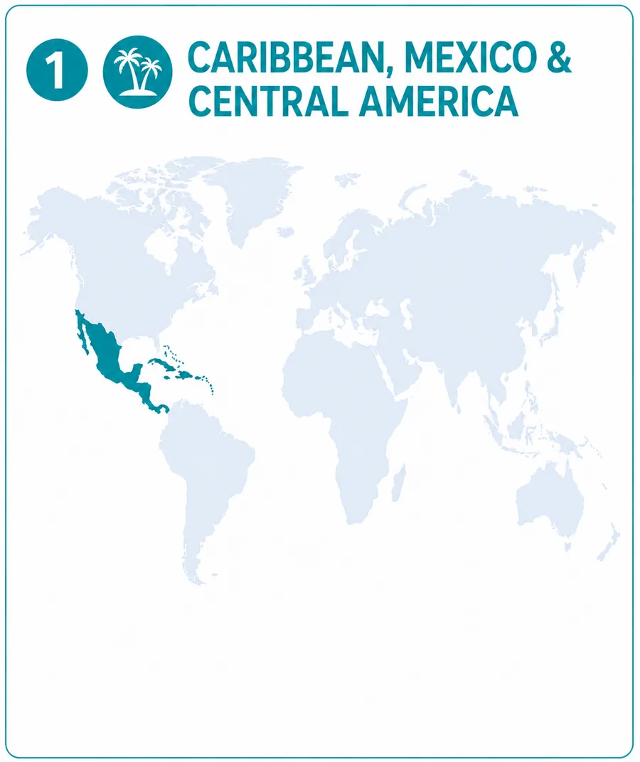 Map highlighting the Caribbean, Mexico, and Central America