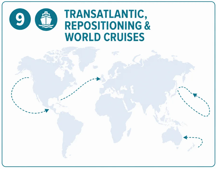 World map with dashed repositioning routes crossing the Atlantic, Pacific, and near Australia