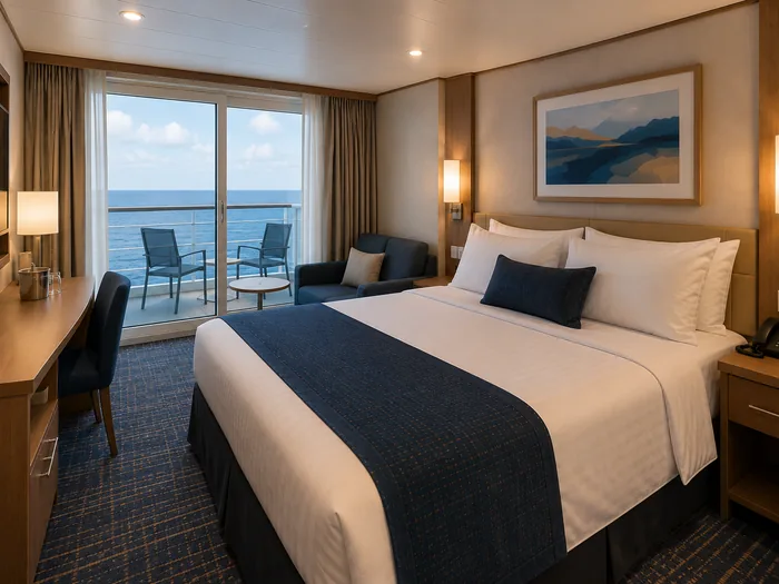 A balcony cabin with a private veranda overlooking the ocean