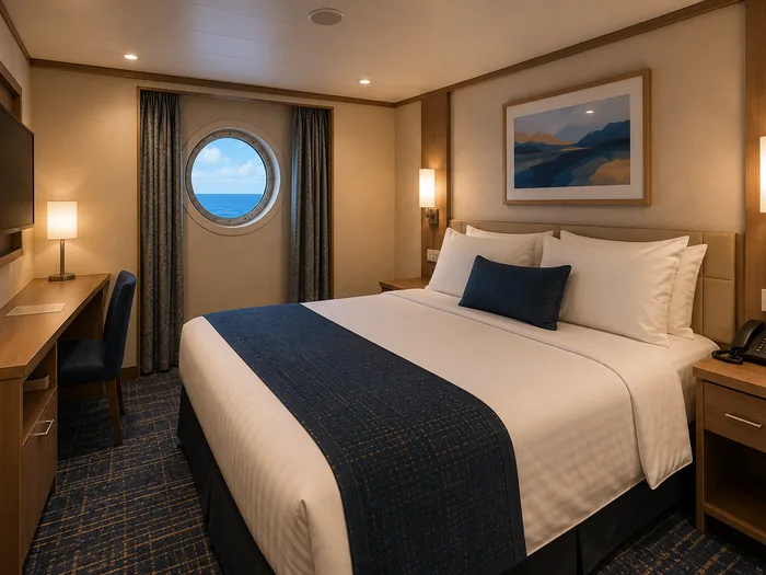 An outside cabin with a round porthole window looking out to the ocean