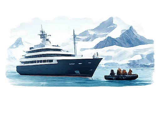 A small Expedition-tier ship among icebergs