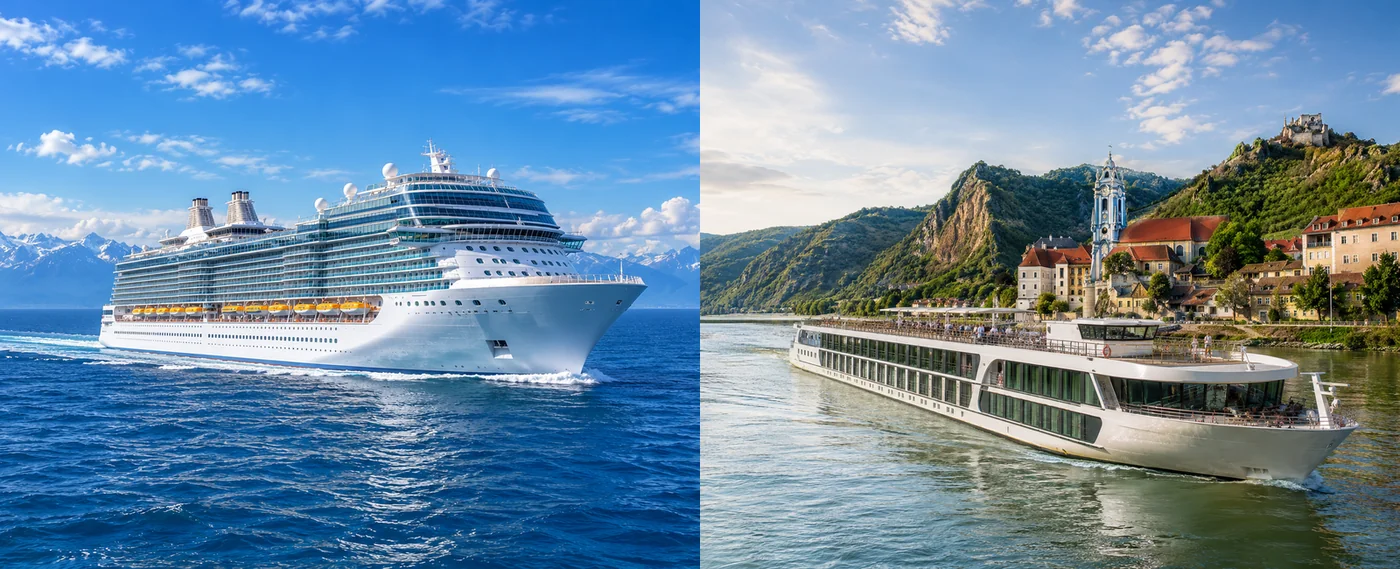 Side by side: an ocean cruise ship along a tropical coastline, and a river ship passing a European hillside village