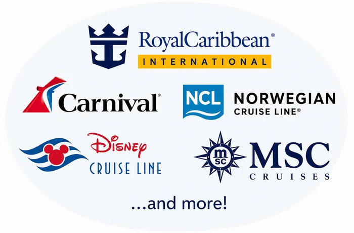 Logos of Royal Caribbean, Carnival, Norwegian, Disney, and MSC