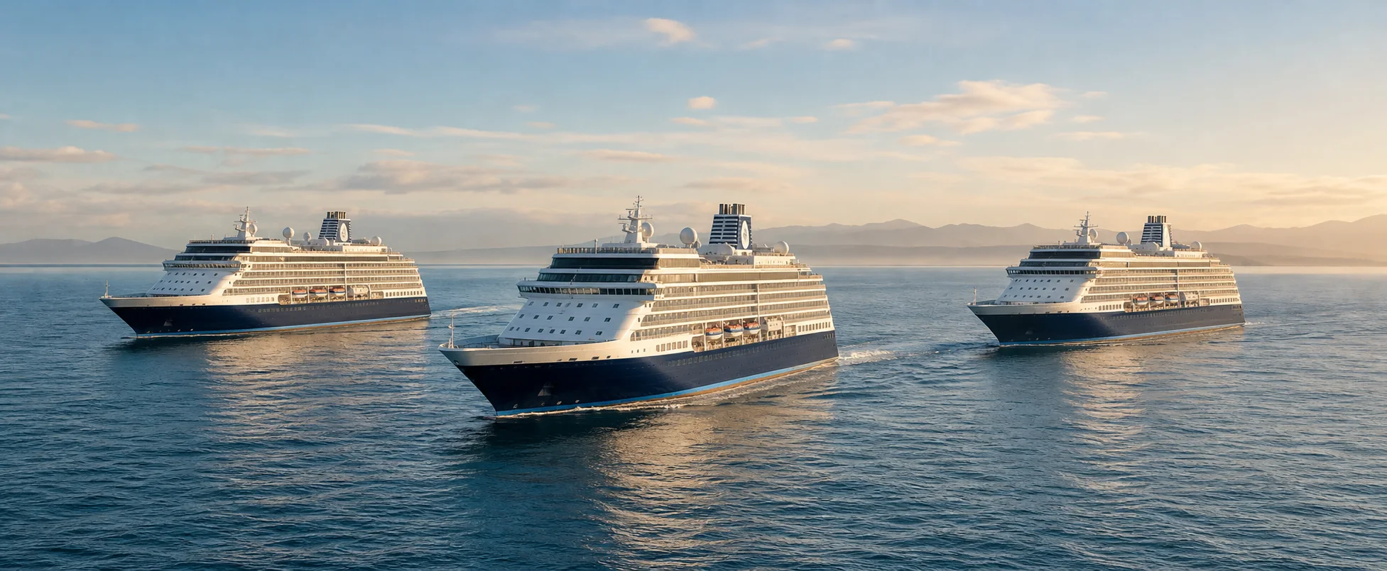 Three sister cruise ships of the same design family sailing together
